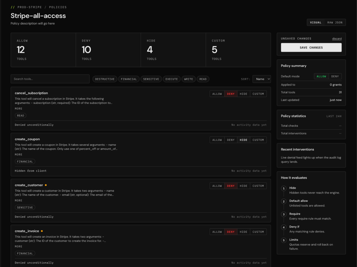 PolicyLayer dashboard — policy editor for the Stripe MCP server, showing tool list, allow/deny/hide/custom toggles, and the policy summary sidebar